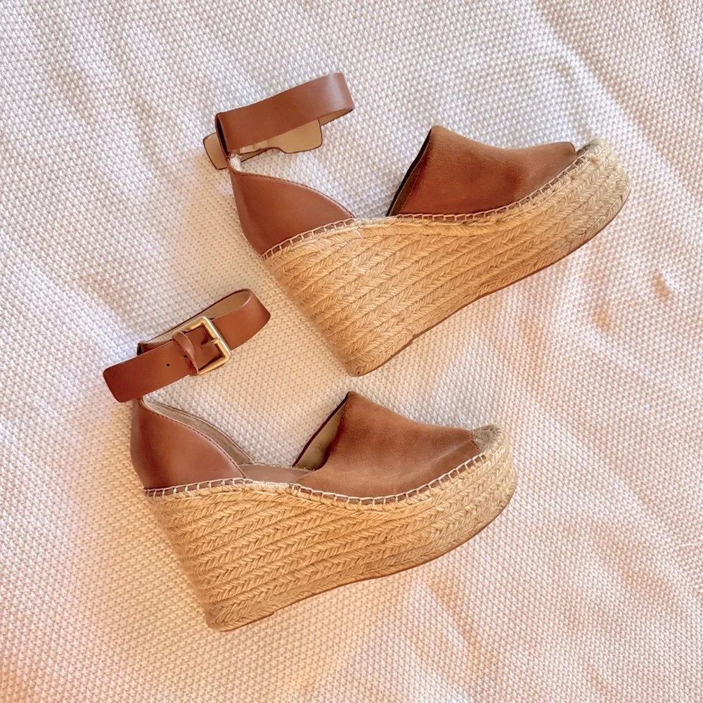 MARC FISHER Adalyn Espadrille Wedge Sandal Tan Leather Sandals Women’s Shoes